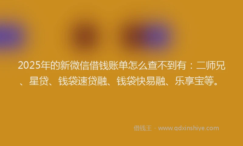 2025年的新微信借钱账单怎么查不到有：二师兄、星贷、钱袋速贷融、钱袋快易融、乐享宝等。