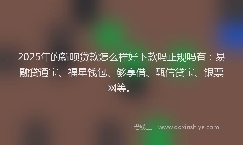 2025年的新呗贷款怎么样好下款吗正规吗有：易融贷通宝、福星钱包、够享借、甄信贷宝、银票网等。