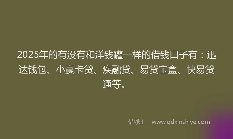 2025年的有没有和洋钱罐一样的借钱口子有：迅达钱包、小赢卡贷、疾融贷、易贷宝盒、快易贷通等。