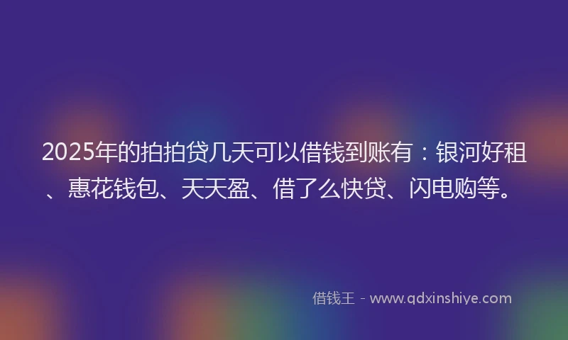 2025年的拍拍贷几天可以借钱到账有：银河好租、惠花钱包、天天盈、借了么快贷、闪电购等。