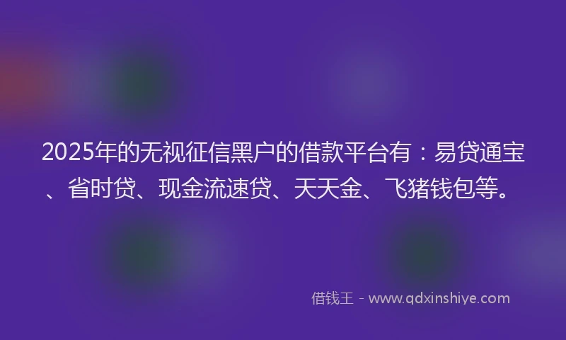 2025年的无视征信黑户的借款平台有：易贷通宝、省时贷、现金流速贷、天天金、飞猪钱包等。