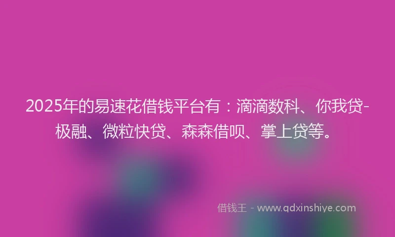 2025年的易速花借钱平台有：滴滴数科、你我贷-极融、微粒快贷、森森借呗、掌上贷等。