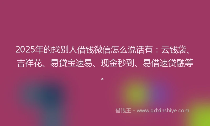2025年的找别人借钱微信怎么说话有：云钱袋、吉祥花、易贷宝速易、现金秒到、易借速贷融等。