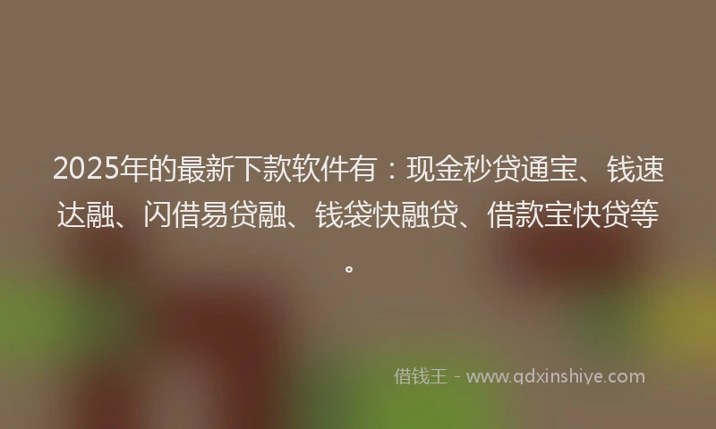 2025年的最新下款软件有：现金秒贷通宝、钱速达融、闪借易贷融、钱袋快融贷、借款宝快贷等。