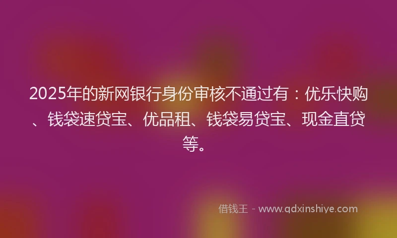 2025年的新网银行身份审核不通过有：优乐快购、钱袋速贷宝、优品租、钱袋易贷宝、现金直贷等。
