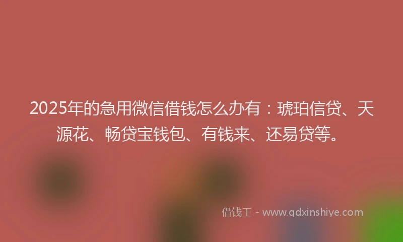 2025年的急用微信借钱怎么办有：琥珀信贷、天源花、畅贷宝钱包、有钱来、还易贷等。