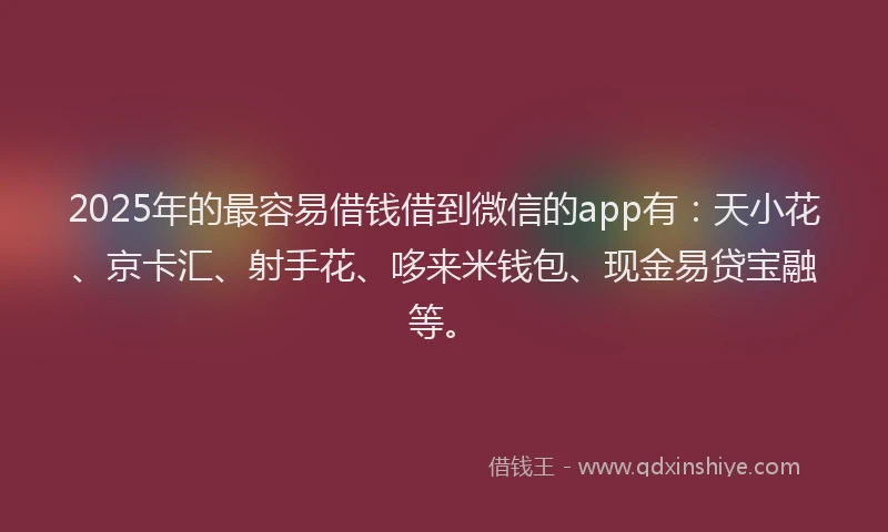2025年的最容易借钱借到微信的app有：天小花、京卡汇、射手花、哆来米钱包、现金易贷宝融等。