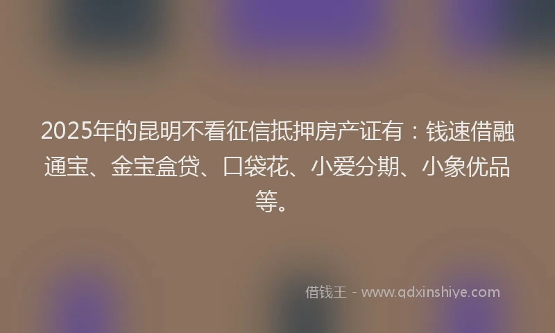 2025年的昆明不看征信抵押房产证有：钱速借融通宝、金宝盒贷、口袋花、小爱分期、小象优品等。