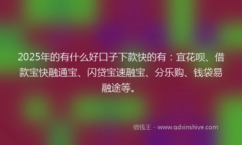 2025年的有什么好口子下款快的有：宜花呗、借款宝快融通宝、闪贷宝速融宝、分乐购、钱袋易融途等。