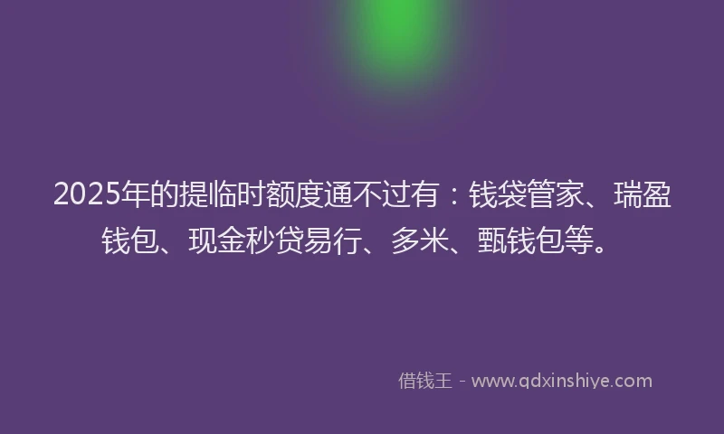 2025年的提临时额度通不过有：钱袋管家、瑞盈钱包、现金秒贷易行、多米、甄钱包等。