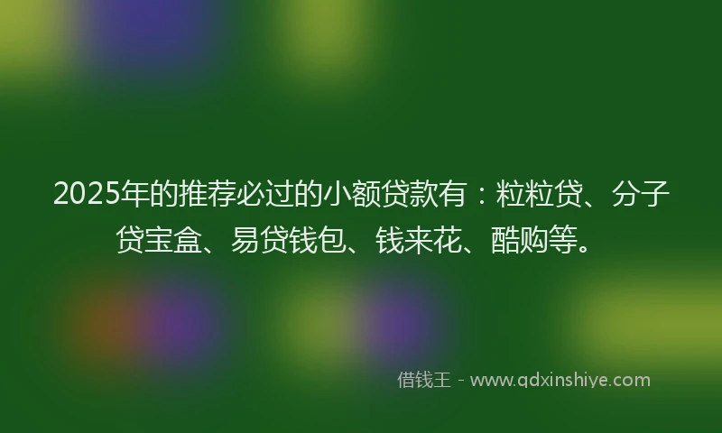 2025年的推荐必过的小额贷款有：粒粒贷、分子贷宝盒、易贷钱包、钱来花、酷购等。