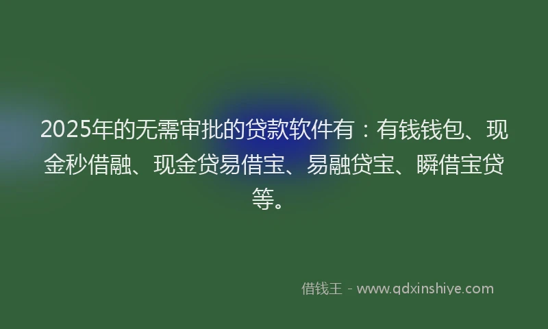 2025年的无需审批的贷款软件有：有钱钱包、现金秒借融、现金贷易借宝、易融贷宝、瞬借宝贷等。