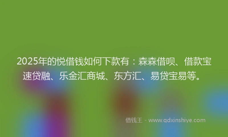 2025年的悦借钱如何下款有：森森借呗、借款宝速贷融、乐金汇商城、东方汇、易贷宝易等。