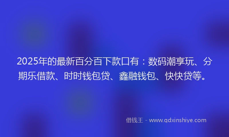 2025年的最新百分百下款口有：数码潮享玩、分期乐借款、时时钱包贷、鑫融钱包、快快贷等。