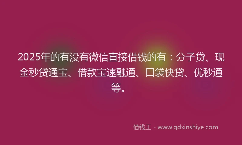 2025年的有没有微信直接借钱的有：分子贷、现金秒贷通宝、借款宝速融通、口袋快贷、优秒通等。