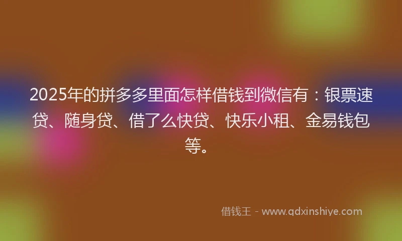 2025年的拼多多里面怎样借钱到微信有：银票速贷、随身贷、借了么快贷、快乐小租、金易钱包等。