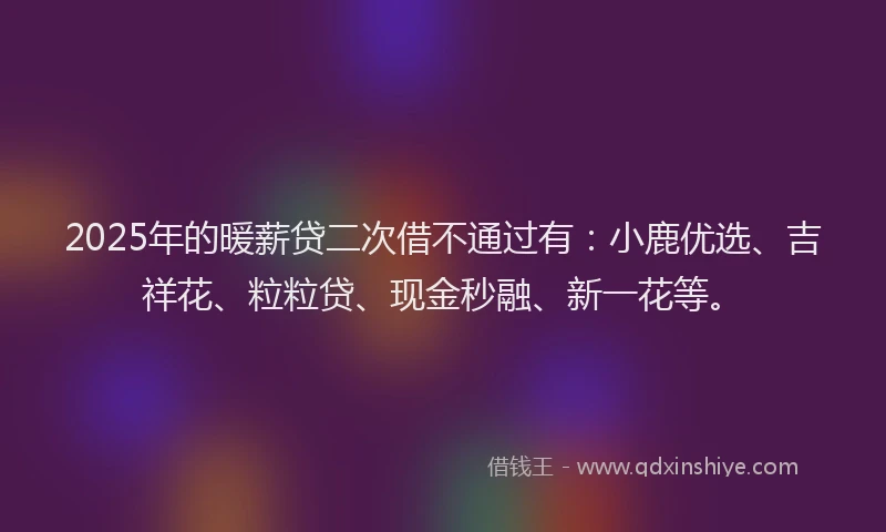 2025年的暖薪贷二次借不通过有：小鹿优选、吉祥花、粒粒贷、现金秒融、新一花等。