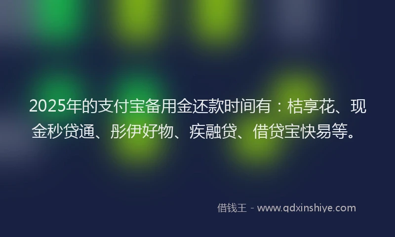 2025年的支付宝备用金还款时间有：桔享花、现金秒贷通、彤伊好物、疾融贷、借贷宝快易等。