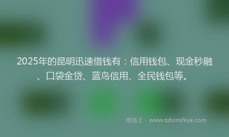 2025年的昆明迅速借钱有：信用钱包、现金秒融、口袋金贷、蓝鸟信用、全民钱包等。