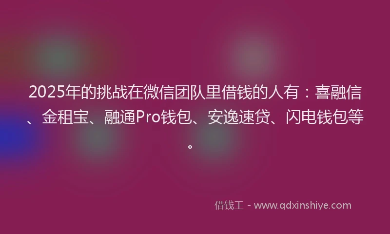 2025年的挑战在微信团队里借钱的人有：喜融信、金租宝、融通Pro钱包、安逸速贷、闪电钱包等。