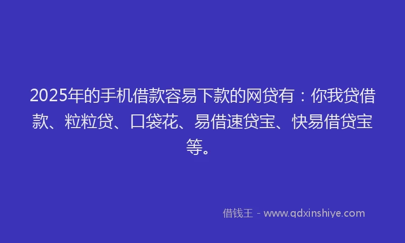2025年的手机借款容易下款的网贷有：你我贷借款、粒粒贷、口袋花、易借速贷宝、快易借贷宝等。