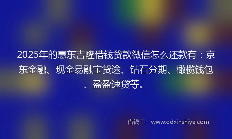 2025年的惠东吉隆借钱贷款微信怎么还款有：京东金融、现金易融宝贷途、钻石分期、橄榄钱包、盈盈速贷等。