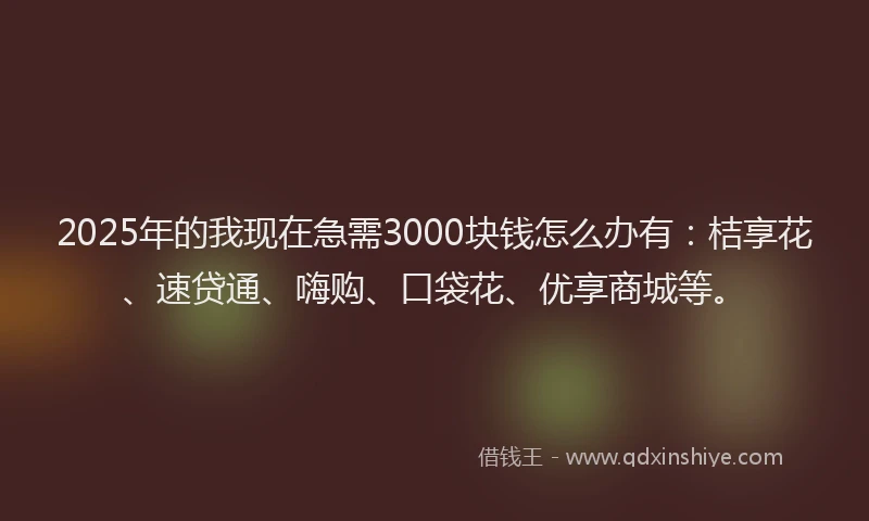2025年的我现在急需3000块钱怎么办有：桔享花、速贷通、嗨购、口袋花、优享商城等。