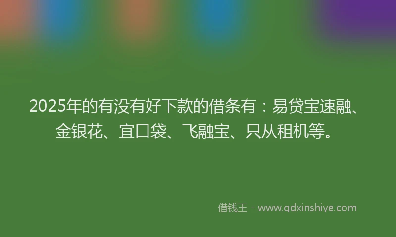 2025年的有没有好下款的借条有：易贷宝速融、金银花、宜口袋、飞融宝、只从租机等。