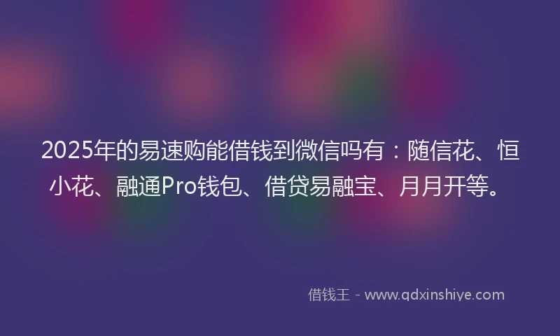 2025年的易速购能借钱到微信吗有：随信花、恒小花、融通Pro钱包、借贷易融宝、月月开等。