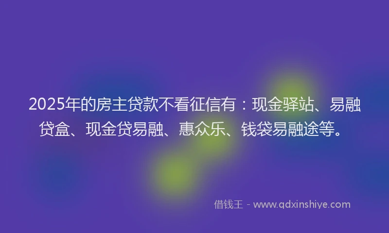 2025年的房主贷款不看征信有：现金驿站、易融贷盒、现金贷易融、惠众乐、钱袋易融途等。