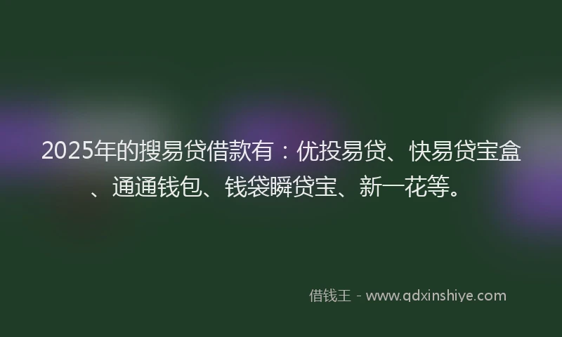 2025年的搜易贷借款有：优投易贷、快易贷宝盒、通通钱包、钱袋瞬贷宝、新一花等。