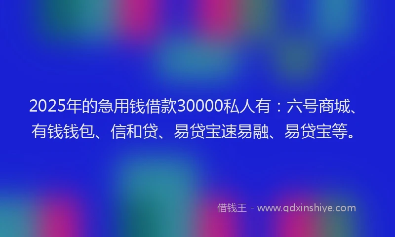 2025年的急用钱借款30000私人有：六号商城、有钱钱包、信和贷、易贷宝速易融、易贷宝等。
