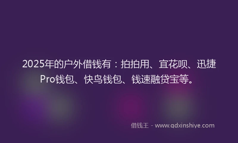 2025年的户外借钱有：拍拍用、宜花呗、迅捷Pro钱包、快鸟钱包、钱速融贷宝等。