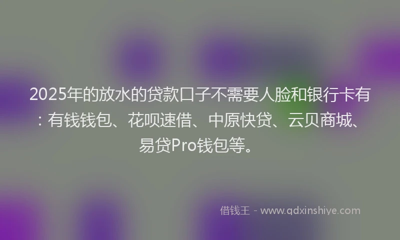2025年的放水的贷款口子不需要人脸和银行卡有：有钱钱包、花呗速借、中原快贷、云贝商城、易贷Pro钱包等。