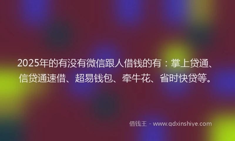 2025年的有没有微信跟人借钱的有：掌上贷通、信贷通速借、超易钱包、牵牛花、省时快贷等。