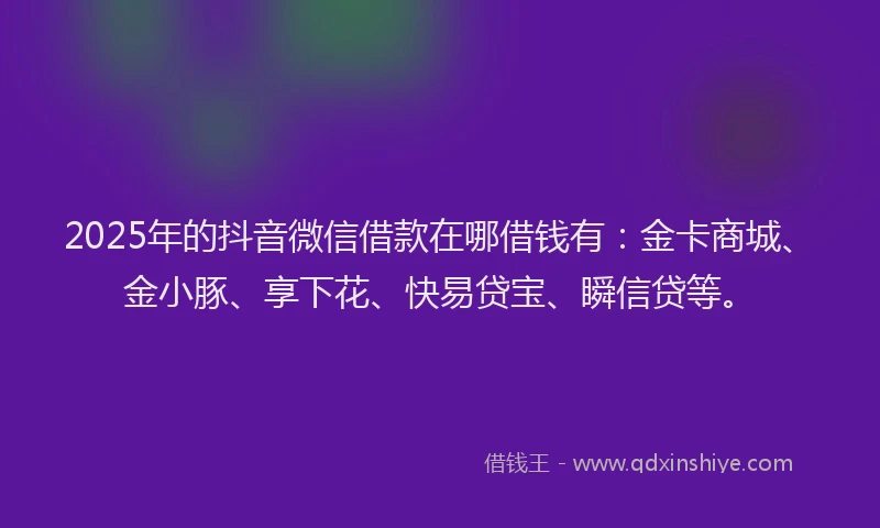 2025年的抖音微信借款在哪借钱有：金卡商城、金小豚、享下花、快易贷宝、瞬信贷等。
