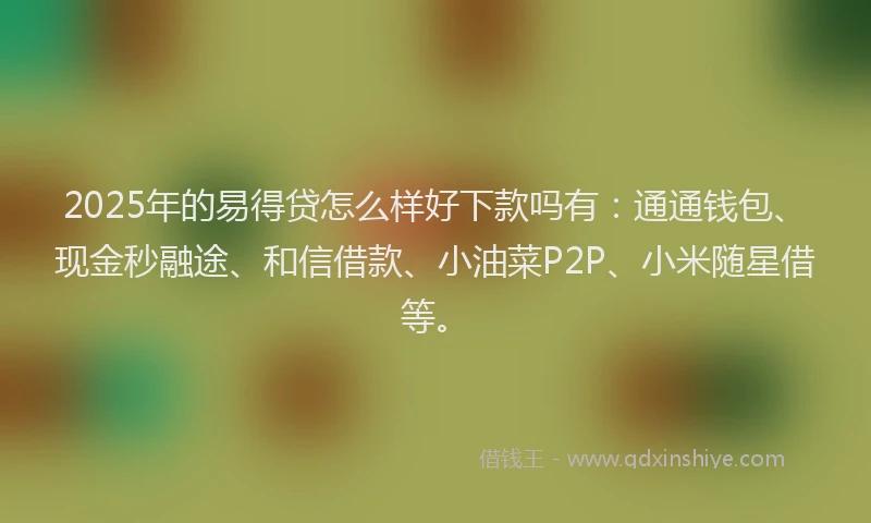 2025年的易得贷怎么样好下款吗有：通通钱包、现金秒融途、和信借款、小油菜P2P、小米随星借等。