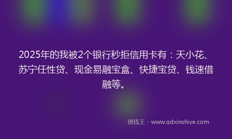 2025年的我被2个银行秒拒信用卡有：天小花、苏宁任性贷、现金易融宝盒、快捷宝贷、钱速借融等。