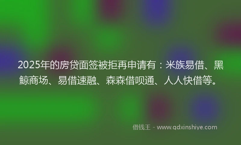 2025年的房贷面签被拒再申请有：米族易借、黑鲸商场、易借速融、森森借呗通、人人快借等。