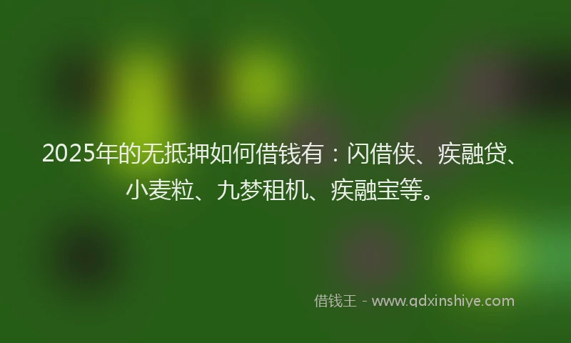 2025年的无抵押如何借钱有：闪借侠、疾融贷、小麦粒、九梦租机、疾融宝等。