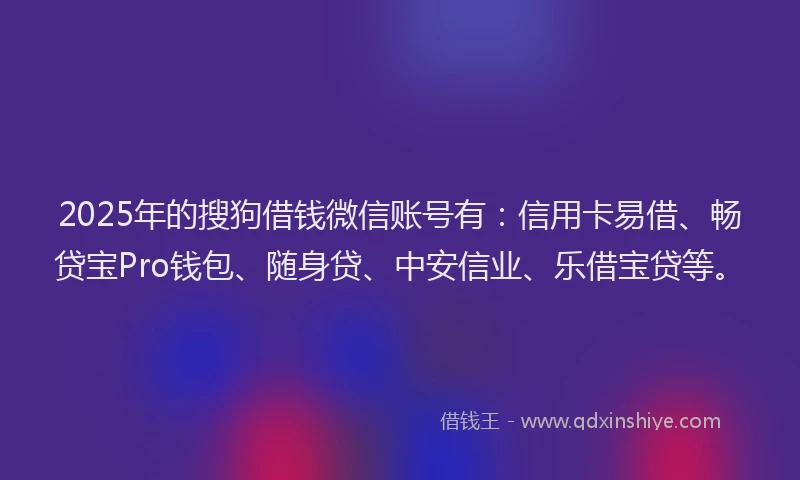 2025年的搜狗借钱微信账号有：信用卡易借、畅贷宝Pro钱包、随身贷、中安信业、乐借宝贷等。