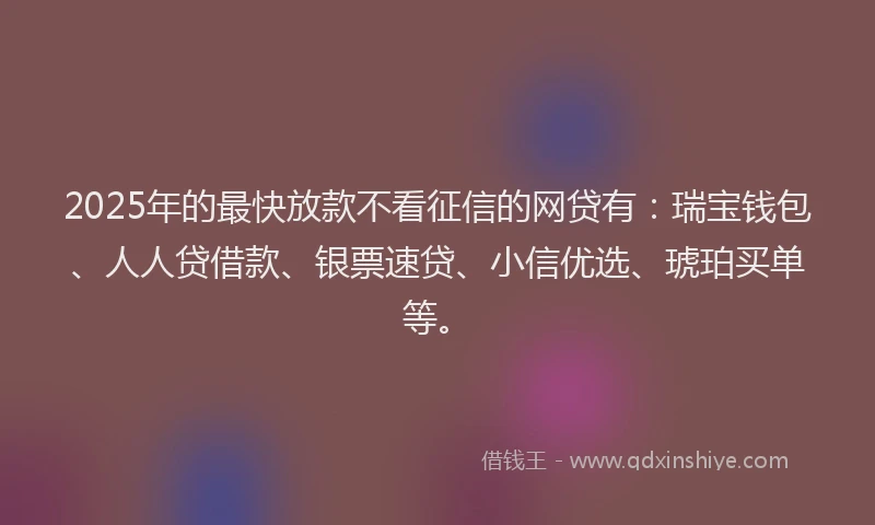 2025年的最快放款不看征信的网贷有：瑞宝钱包、人人贷借款、银票速贷、小信优选、琥珀买单等。