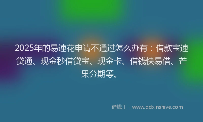 2025年的易速花申请不通过怎么办有：借款宝速贷通、现金秒借贷宝、现金卡、借钱快易借、芒果分期等。