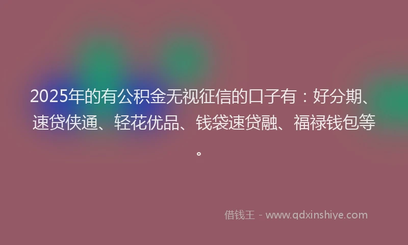 2025年的有公积金无视征信的口子有：好分期、速贷侠通、轻花优品、钱袋速贷融、福禄钱包等。