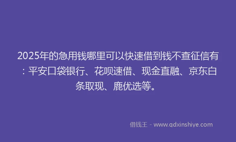2025年的急用钱哪里可以快速借到钱不查征信有：平安口袋银行、花呗速借、现金直融、京东白条取现、鹿优选等。