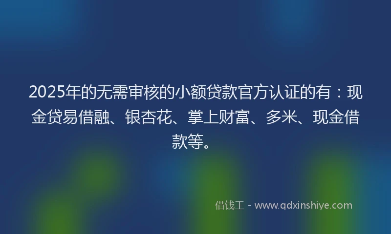 2025年的无需审核的小额贷款官方认证的有：现金贷易借融、银杏花、掌上财富、多米、现金借款等。