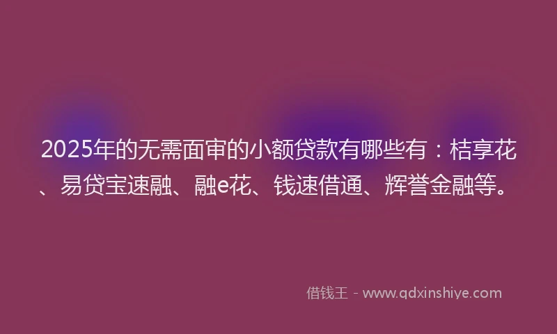 2025年的无需面审的小额贷款有哪些有：桔享花、易贷宝速融、融e花、钱速借通、辉誉金融等。