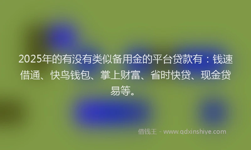 2025年的有没有类似备用金的平台贷款有：钱速借通、快鸟钱包、掌上财富、省时快贷、现金贷易等。