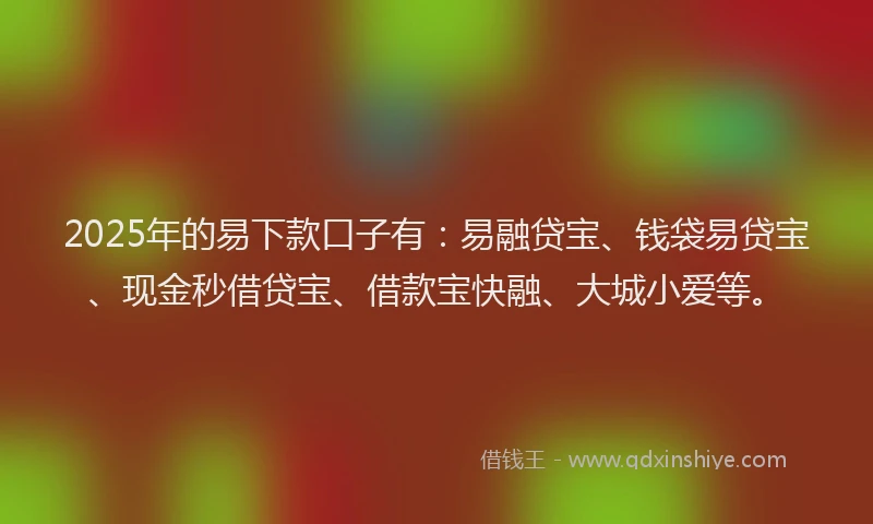 2025年的易下款口子有：易融贷宝、钱袋易贷宝、现金秒借贷宝、借款宝快融、大城小爱等。