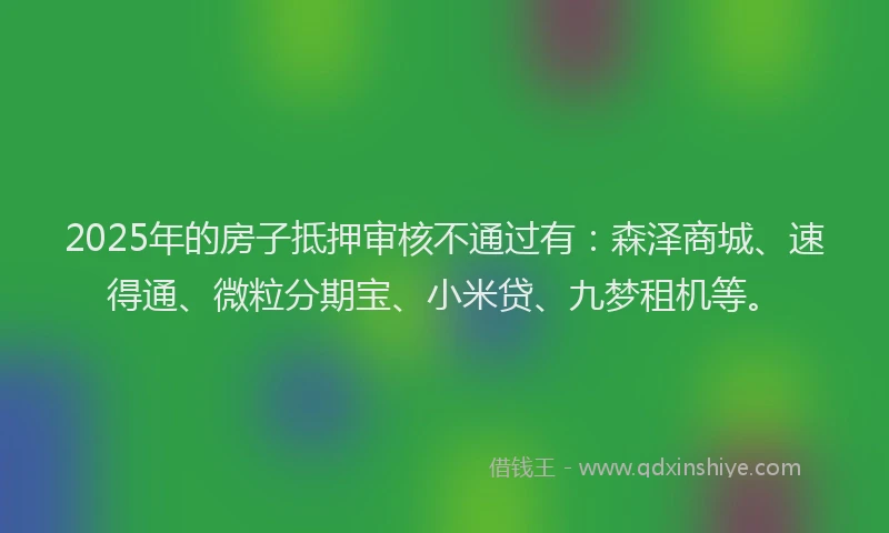 2025年的房子抵押审核不通过有：森泽商城、速得通、微粒分期宝、小米贷、九梦租机等。